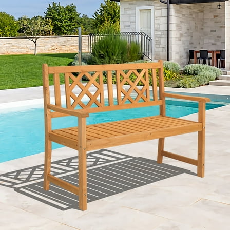 Wooden Outdoor Garden Bench for Patio, SUREGO 2-Seat Fir Wood Park Bench with Slatted Back, Natural Finish, Weather-Resistant, Brown