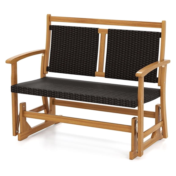 Wooden Outdoor Glider Bench,2-Person Wicker Rattan Swing,Acacia Wood Armrests,Woven Back & Seat,Rocking Patio Loveseat for Porch,Backyard,Pool,Garden (45.5 in)