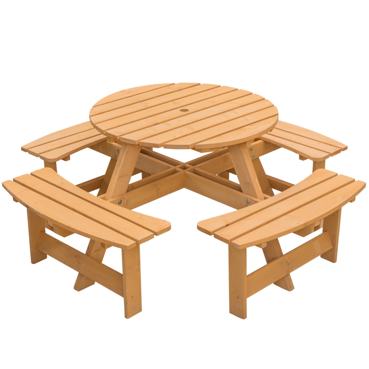 Wooden 8 Person Outdoor Patio Garden Round Picnic Table with Bench and Umbrella Hole Walmart