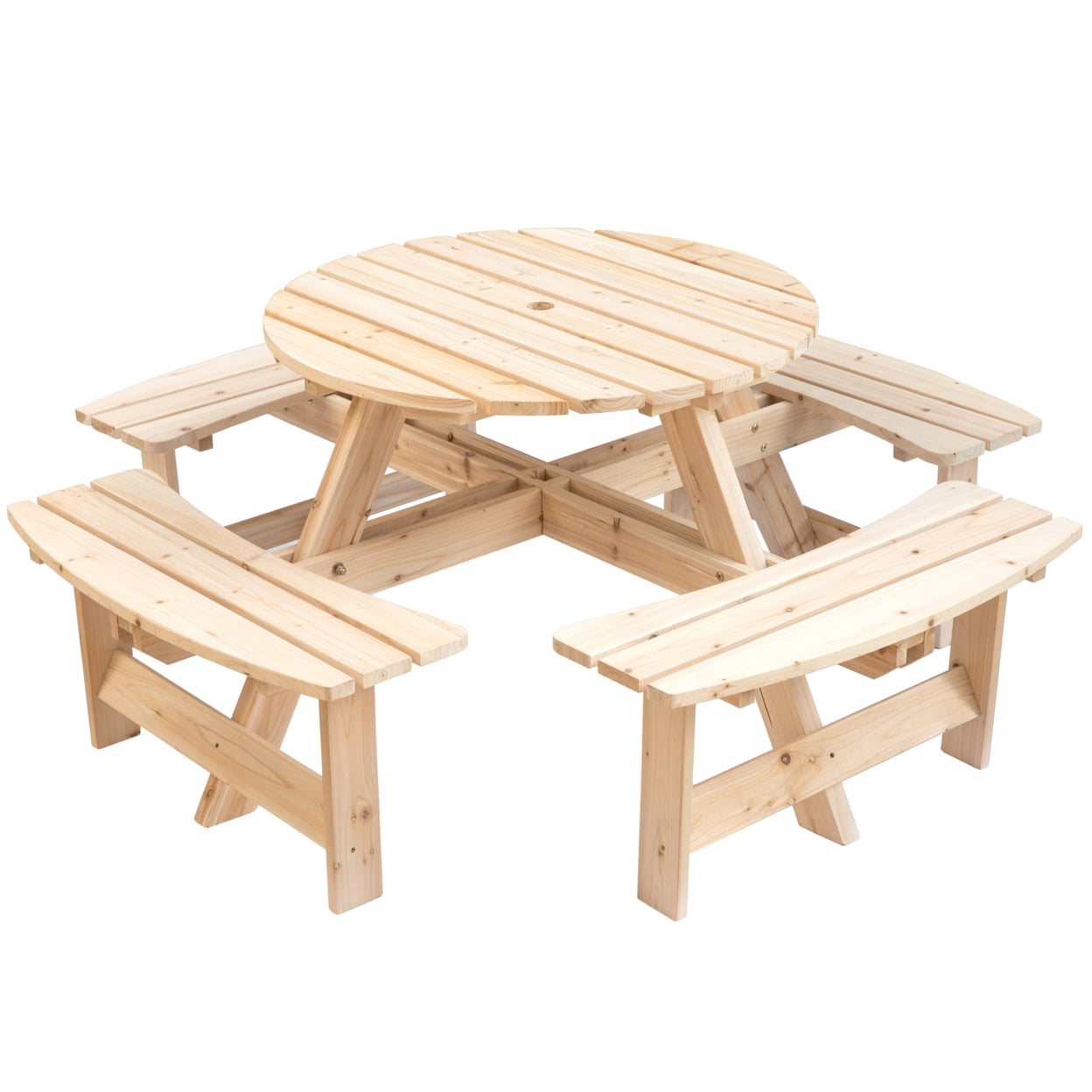 Natural Solid Wood Round Outdoor Picnic Table with Umbrella Hole, Seats 8
