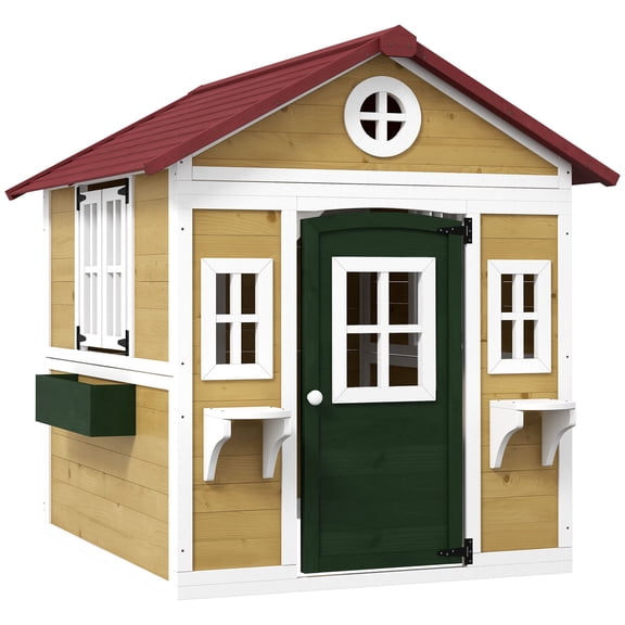 Wooden Outdoor Playhouse with Doors, Windows, Planter Pots and Boxes, Beige, for Toddlers 3-8 Years