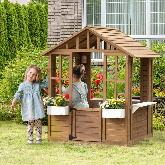 Wooden Outdoor Playhouse with Working Door, Windows, Flower Pot Holders & Serving Station, Natural Fir Wood, 3-8 Years
