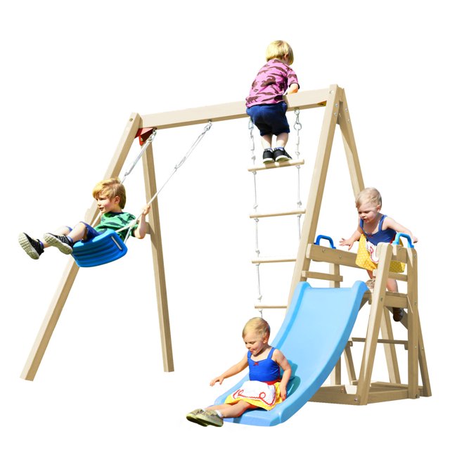 Wooden Outdoor Playset with Slide Fun Backyard Activity Playground