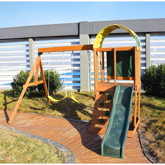Wooden Outdoor Playset with 2 Swings, Slide & Climbing Wall, Backyard Playground Set for Kids Ages 3-12, Safe Swing Set for Backyard, Garden, Park