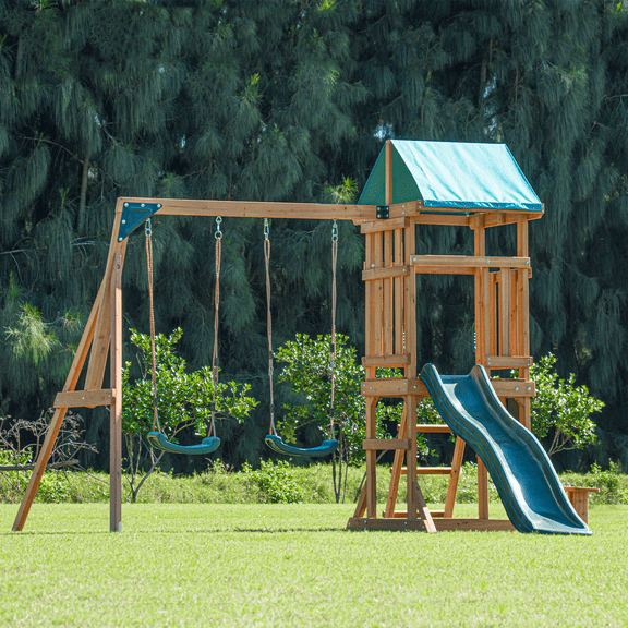 DOLPHIN PLAYGROUND Wooden Outdoor Playset with Swings, Slide, Playhouse - Durable Backyard Swing Set for Kids