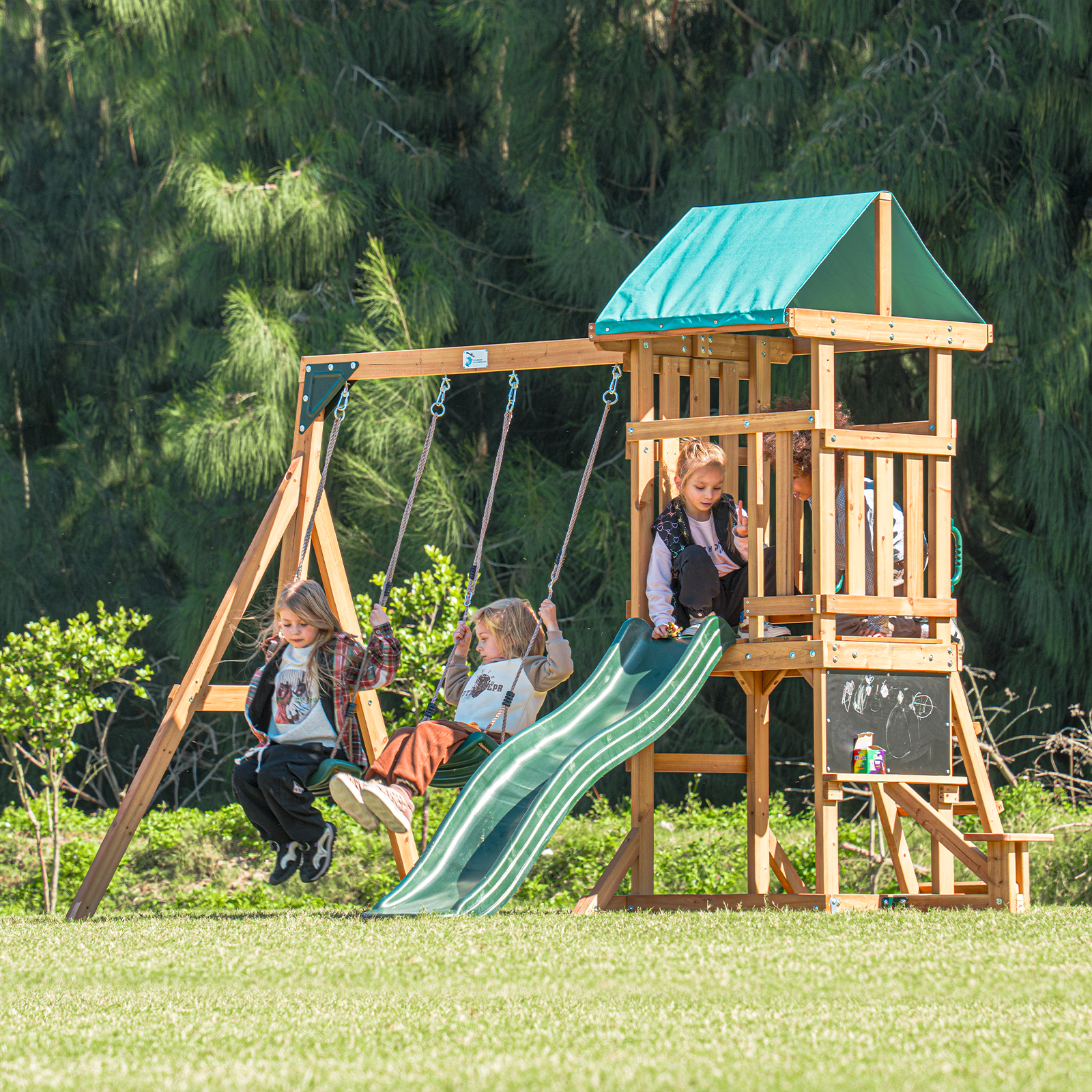 Dolphin Playground Wooden Outdoor Playset with Swings, Slide, and Playhouse - Durable Backyard Swing Set for Kids