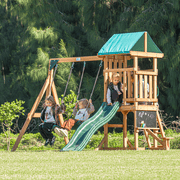 DOLPHIN PLAYGROUND Wooden Outdoor Playset with Dual Swings, Slide, and Playhouse - Rounded Edges