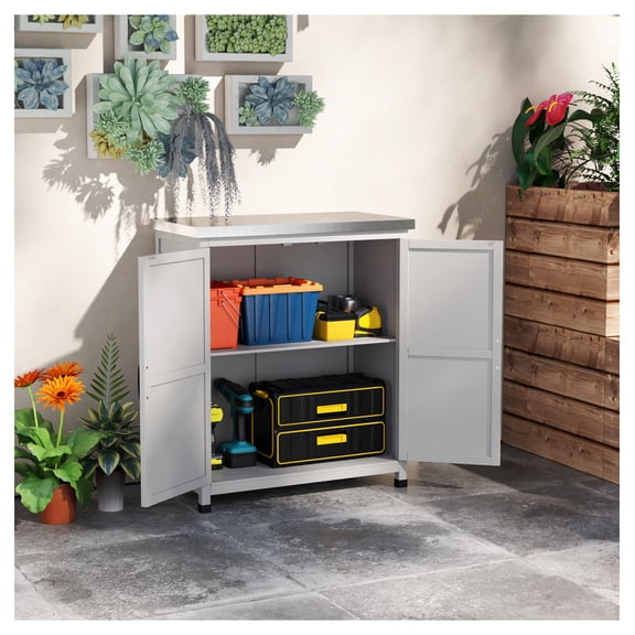 Wooden Outdoor Storage Cabinet with Metal Tabletop, Patio Prep Table with Shelves & Double Doors, Garden Organizer, Gray