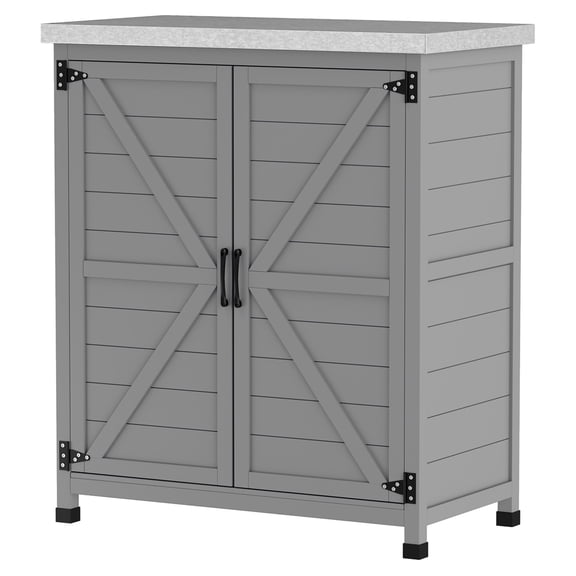 Wooden Outdoor Storage Cabinet with Metal Tabletop, Patio Prep Table with Shelves & Double Doors, Garden Organizer, Gray