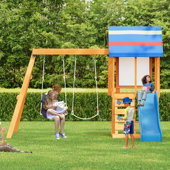 Wooden Outdoor Swing Set 3 In 1 Swing Set Outdoor Children's Playset With Slide , 2 Swings And Climber For Garden, Backyard And Playground, Blue,Blue