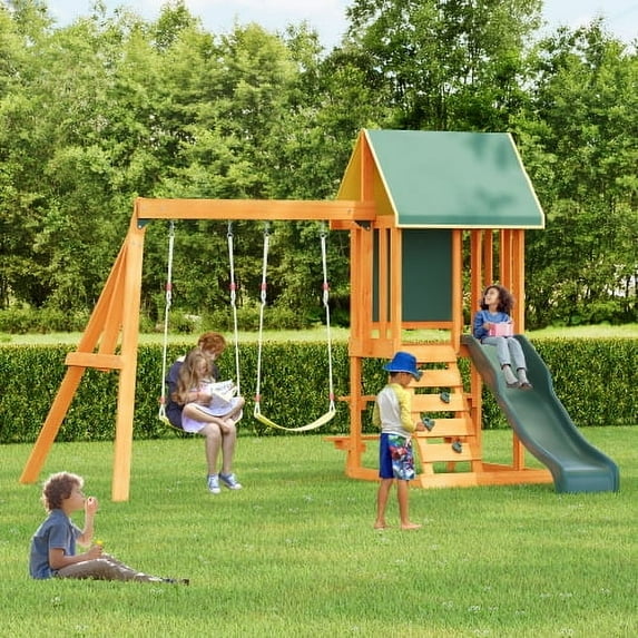 Wooden Outdoor Swing Set 3 in 1 Swing Set outdoor Children's Playset with Slide, 2 Swings and Climber for Garden, Backyard and Playground, Green