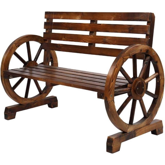Wooden Outdoor Wagon Wheel Bench with Armrests, Carbonized Fir Construction, Seats 2 People