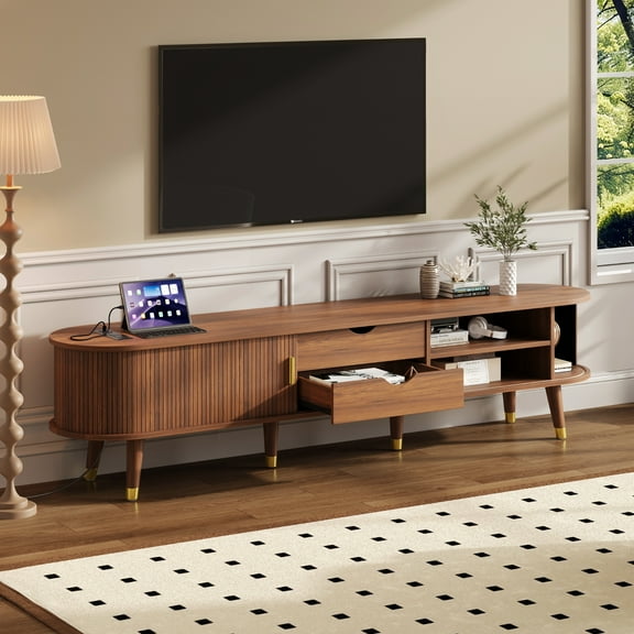 Wooden Oval Fluted TV Stand with Charging Station, Mid-Century Media Console for TV up to 80", Farmhouse TV Cabinet with Sliding Tambour Door & Golden Handle, Walnut