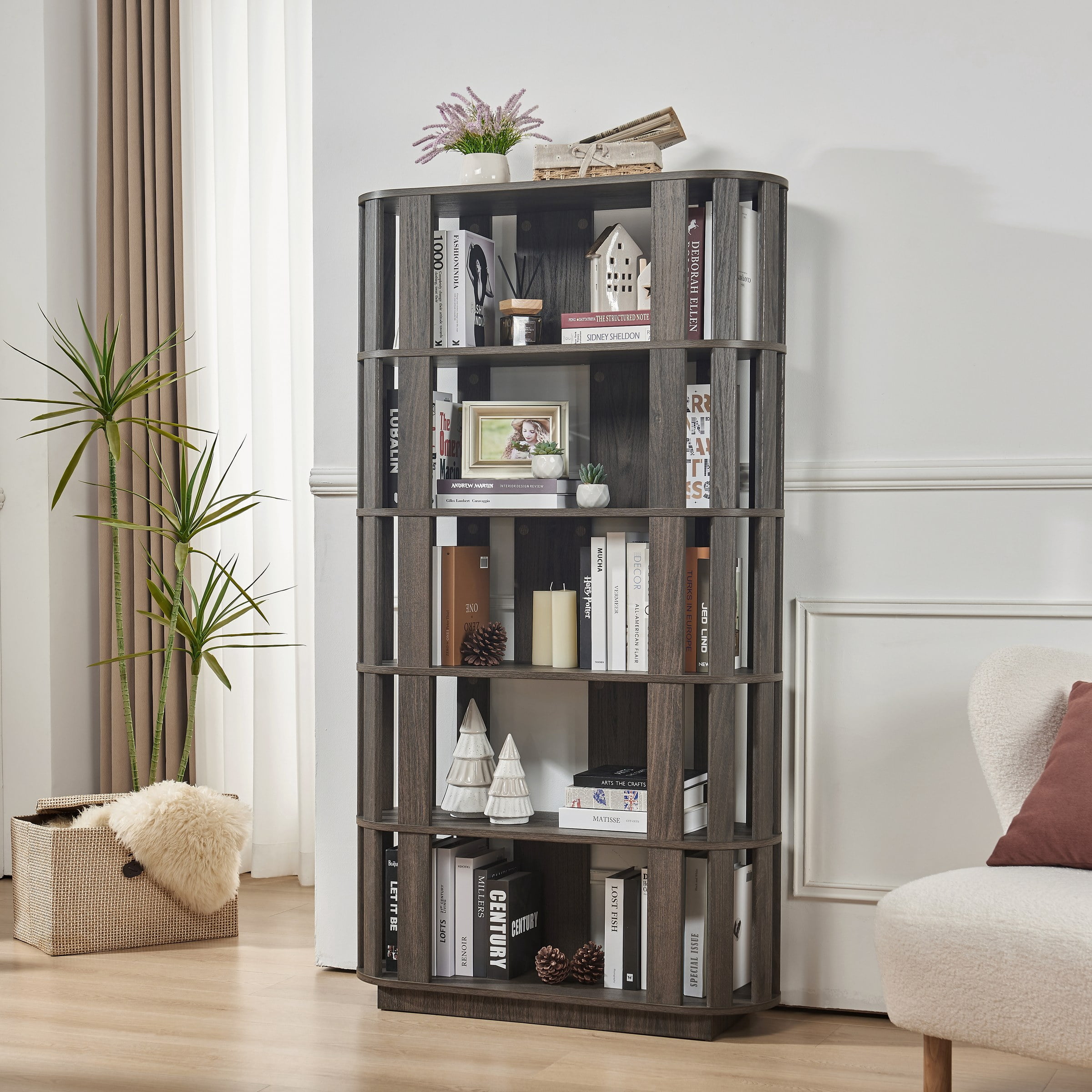 Wooden Oval Open Bookshelf, MDF Grid Frame Freestanding Bookcase, 5-Tier Easy Assembly Storage Display Rack for Living Room Home Office Decor, DIY Free Combination Storage Cabinet Study Room