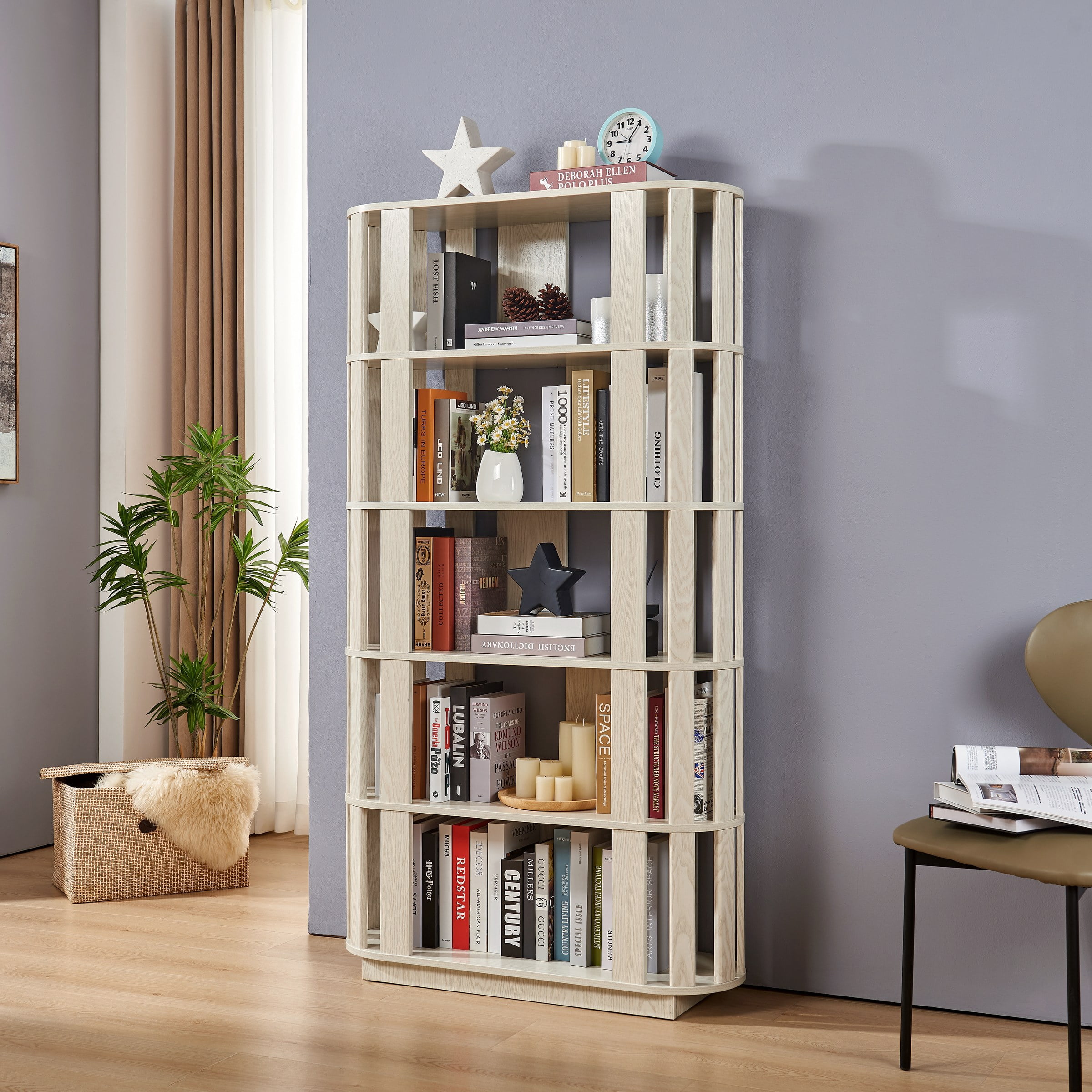 Wooden Oval Open Bookshelf, MDF Grid Frame Freestanding Bookcase, 5-Tier Easy Assembly Storage Display Rack for Living Room Home Office Decor, DIY Free Combination Storage Cabinet Study Room