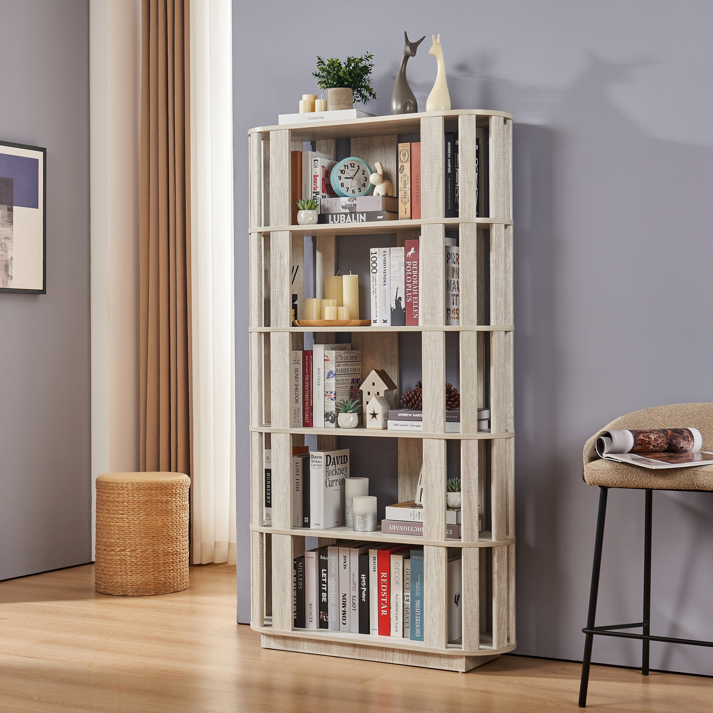 Wooden Oval Open Bookshelf, MDF Grid Frame Freestanding Bookcase, 5-Tier Easy Assembly Storage Display Rack for Living Room Home Office Decor, DIY Free Combination Storage Cabinet Study Room