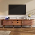 thumbnail image 1 of Wooden Oval TV Stand for TV up to 80", Entertainment Center with Charging Station, Mid-Century Media Console with Sliding Tambour Door & Gold Handle for Living Room, Walnut, 1 of 12