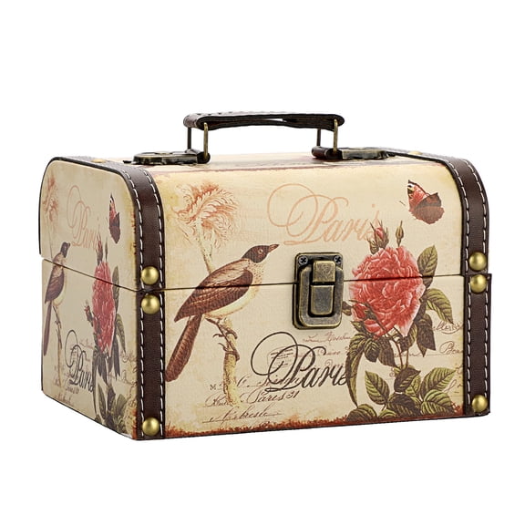 Wooden PU Leather Storage Chest Bird + Flower Pattern for Trinkets Keepsakes Gifts