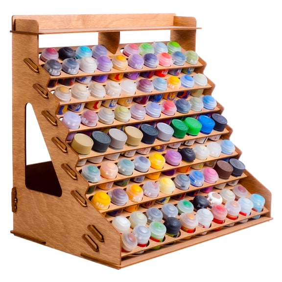 Wooden Paint Organizer: Holds 87 Bottles & 14 Brushes | Includes 6 Miniature Stands & Top Shelf | Convenient Rack for Miniature Paint Set