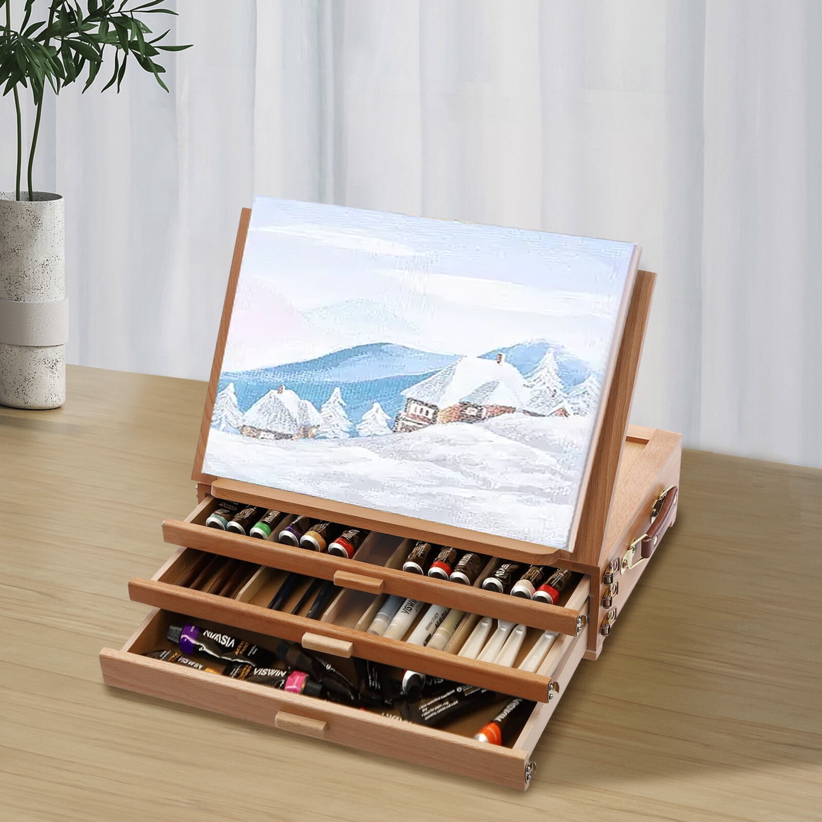 Wooden Painting & Drawing Table Foldable Easel Painting Board Stand with Drawers