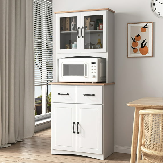 Wooden Pantry Room Cabinet White - Adjustable Shelving & Drawers Maximize Your Storage For Kitchen 2 Upper Door Cabinets Wood Color Countertop Stylish
