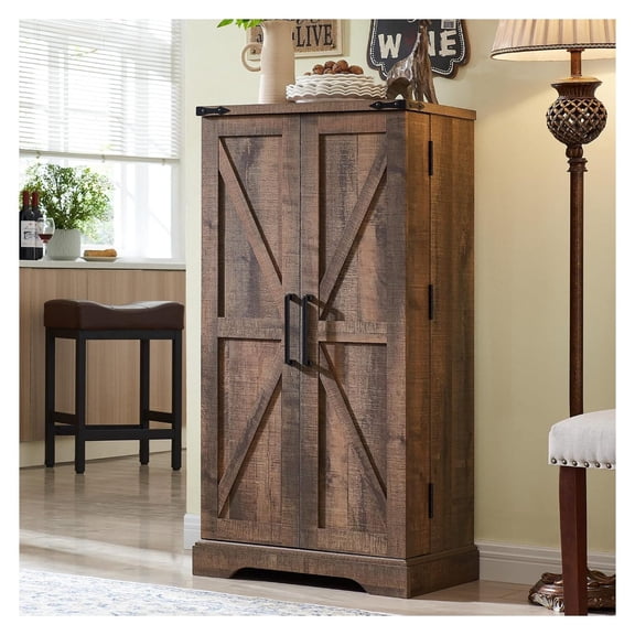 Wooden Pantry Storage Cabinet 47 Inch Tall Rustic Kitchen Organizer with Barn Door Shelves 5 Adjustable Shelves 10 Door Shelves for Kitchen Bathroom Hallway