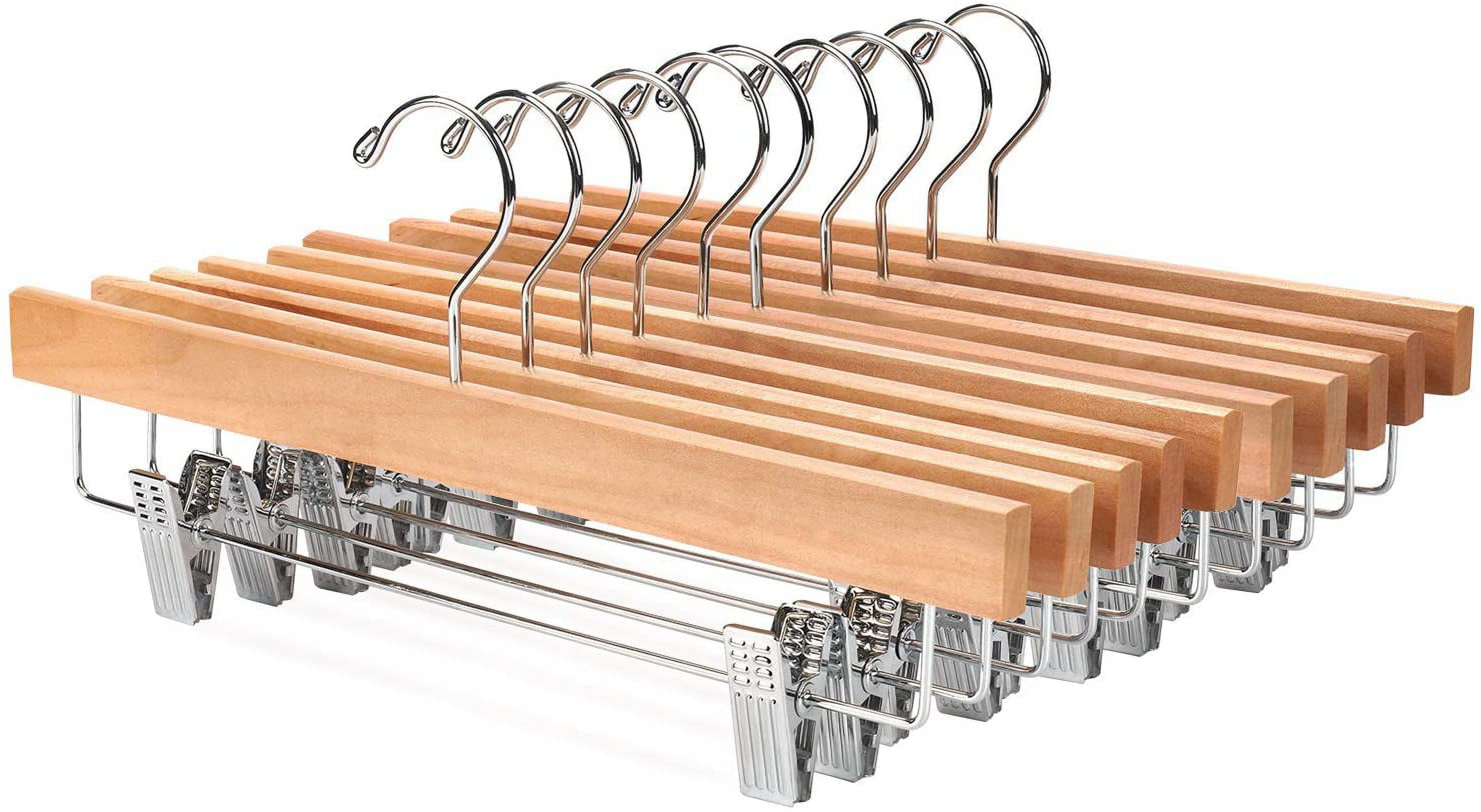 Wooden Pants Hangers Bottom Hanger Jeans Hanger Skirt Hanger with 2 Adjustable Clips Anti Rust Hook of 10 (Natural)