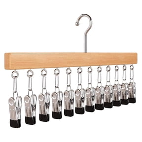 Wooden Pants Hangers with Clips,1 Pc Multi-purpose Hook Closet Organizer,Space-Saving Hanger for Skirts Scarves Hats Socks, Non-Slip Heavy Duty Wooden Hanger for Wardrobe(Beige 12 clips)