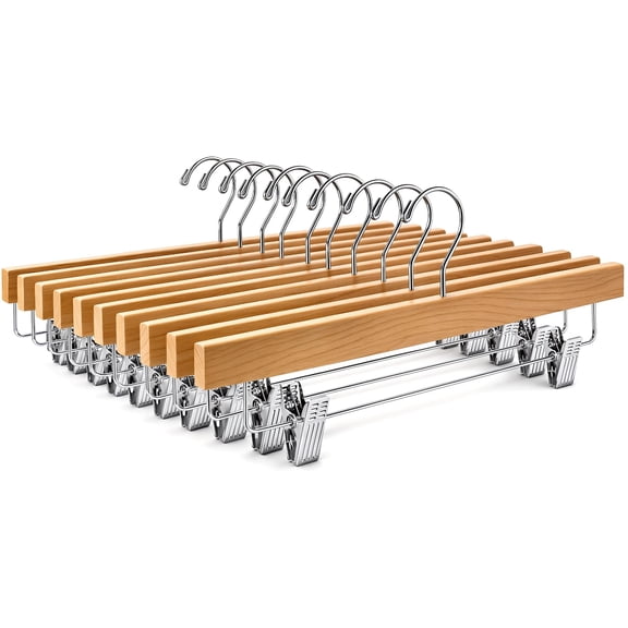Wooden Pants Hangers With Clips - 10 Pack Solid Lotus Wood Skirt For Women  Heavy Duty Hanger Adjustable Metal Grip Jeans And Shorts Smooth Finish