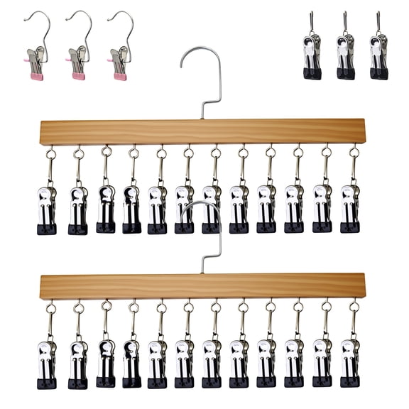 Wooden Pants Hangers with 12 Clips, 2-Pack 360° Rotating Hook Closet Organizer with 3 Spare Clips & 3 Extra Clothespins