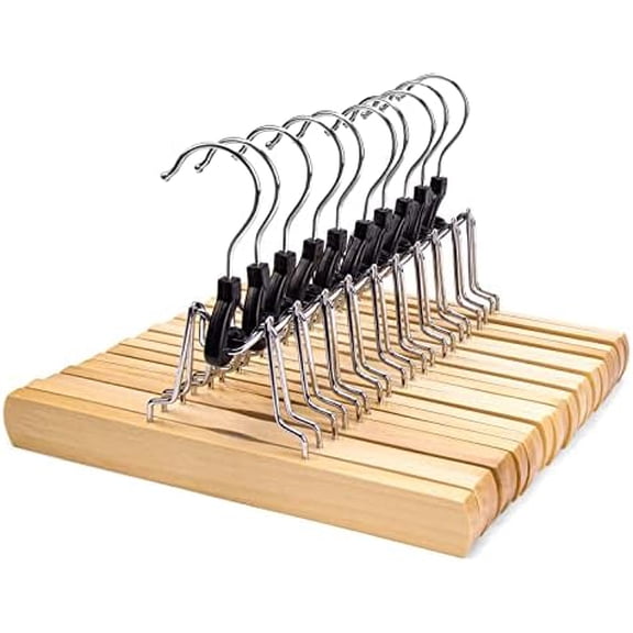 Wooden Pants Skirt Hangers, Smooth Finish Solid Wood Non Slip Jeans Slack Clamp Hangers Hair Extension Hangers (10 Pack Natural)…