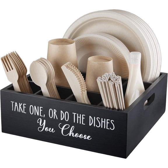 Wooden Paper Plate & Utensil Caddy with Handles 6Compartment Countertop Organizer for Parties, BBQs, Camping & Buffet