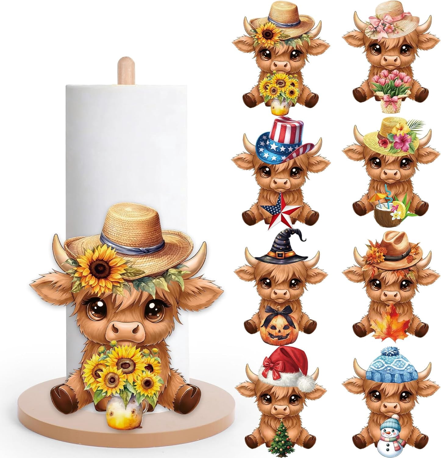 Wooden Paper Towel Holder with 8Pcs Seasonal Holiday Highland Cow Interchangeable Signs Spring Summer 4th of July Fall Winter Christmas Towel Holder Stand for Kitchen Bathroom Countertop