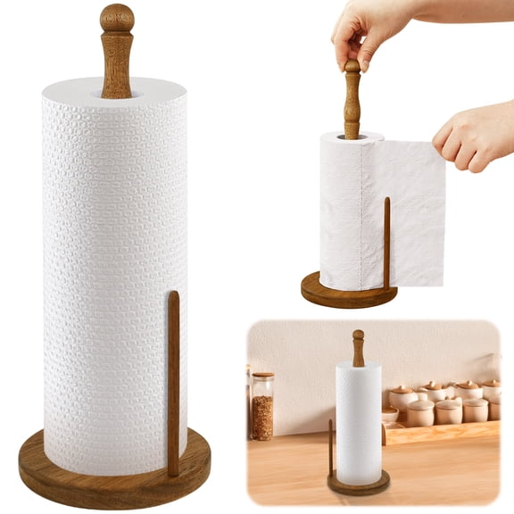 Wooden Paper Towel Holder Stand Space Saving Countertop Towel Roll Organizer Easy Assembly Paper Roll Holder Rack for Kitchen Countertop