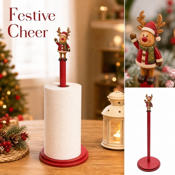Wooden Paper Towel Holder with Cute Reindeer Topper, 1 Piece, Red Wooden, for Kitchen Countertop, Christmas Decoration