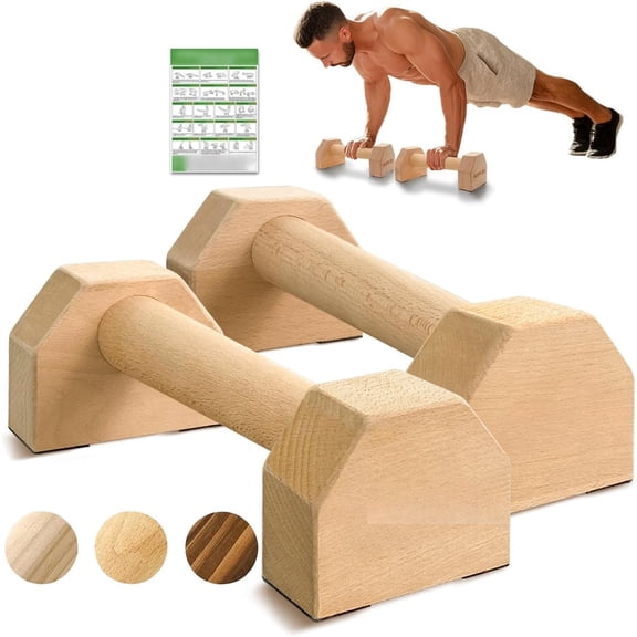 Wooden Parallettes 2 count Push Up Stand For Floor Calisthenics Bars , Handles Handstand Blocks Beech & Pine Pushup Non-Slip Base Parallel Exercise Equipment For MenTrainers