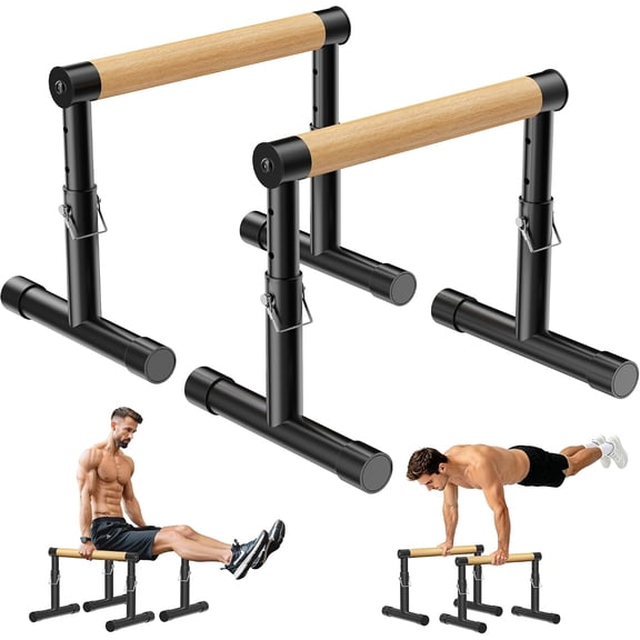 GanFindX Parallettes Dip Push Up Bars, Adjustable 10-14 Inch Height, 550 lb Capacity, Beech Wood, Non-Slip Steel Base
