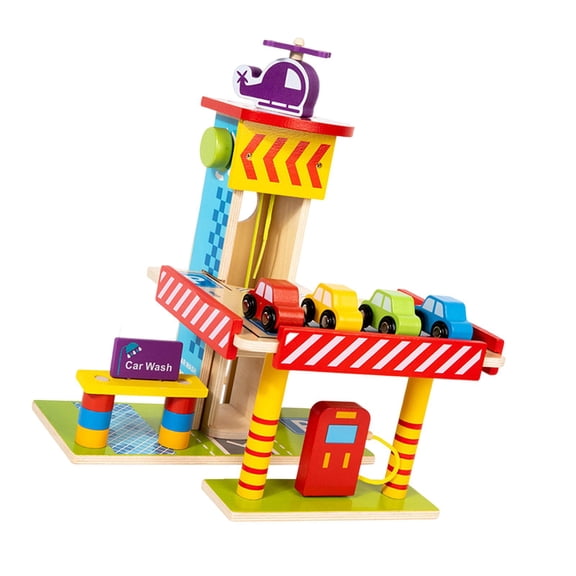 Wooden Parking Garage Playset Car Wash Petrol Station Durability Material Educational Children Learning Tool