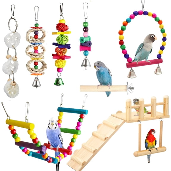 Wooden Parrot Bird Perch Platform with Climbing Ladder,Parrot Play Stand Bird Swing Bridge Chewing Toys for Parakeet Cockatiel Conure Lovebirds (Bird Swing Set 2)