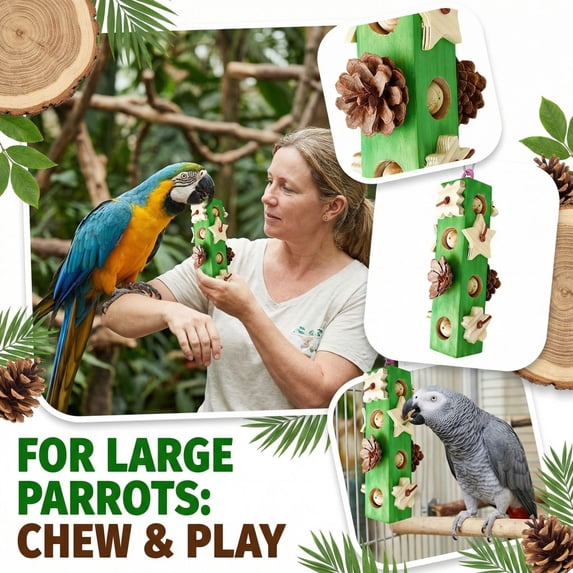 Wooden Parrot Chewing Stick with Pinecones, Safe Beak Grinding Toy for Medium/Large Parrots, Interactive Boredom Relief Bird Accessory (Green)