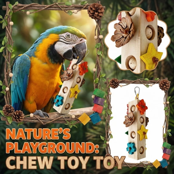 Wooden Parrot Chewing Stick with Pinecones, Safe Beak Grinding Toy for Medium/Large Parrots, Interactive Boredom Relief Bird Accessory (Khaki)