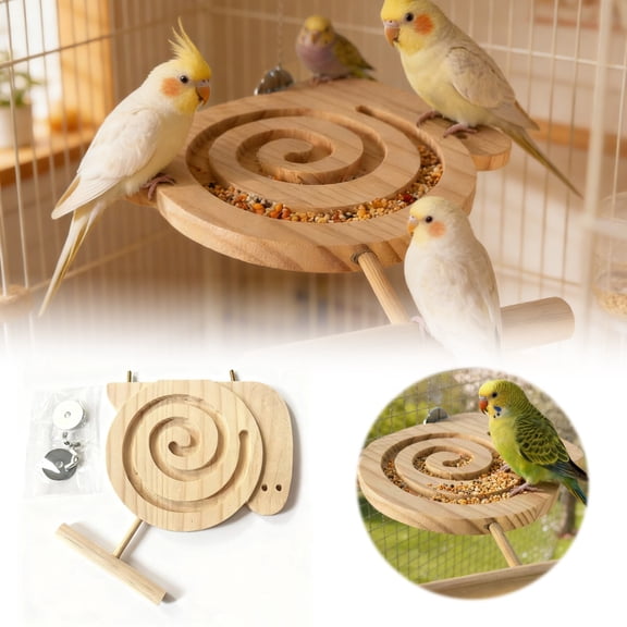 Wooden Parrot Foraging Station - Interactive Spiral Feeder with Rest Perch - Bird Enrichment Toy and Feeding Stand for Parakeets and Cockatiels