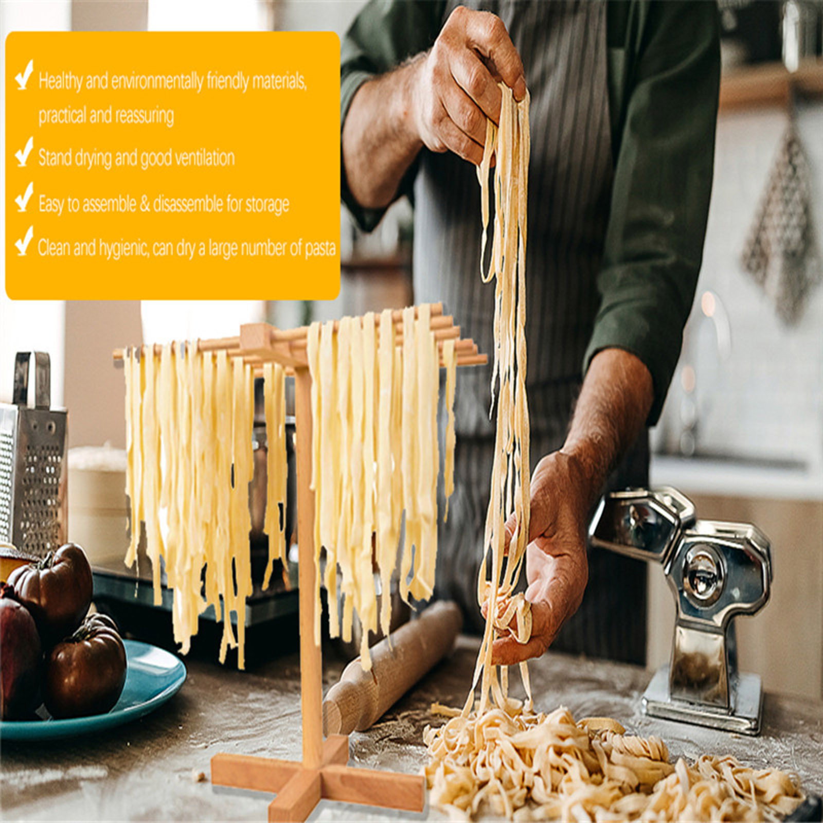 Network Rack Spaghetti Wooden Pasta Drying Rack, Double-Sided Noodle Stand With 8 Bar Handles ...