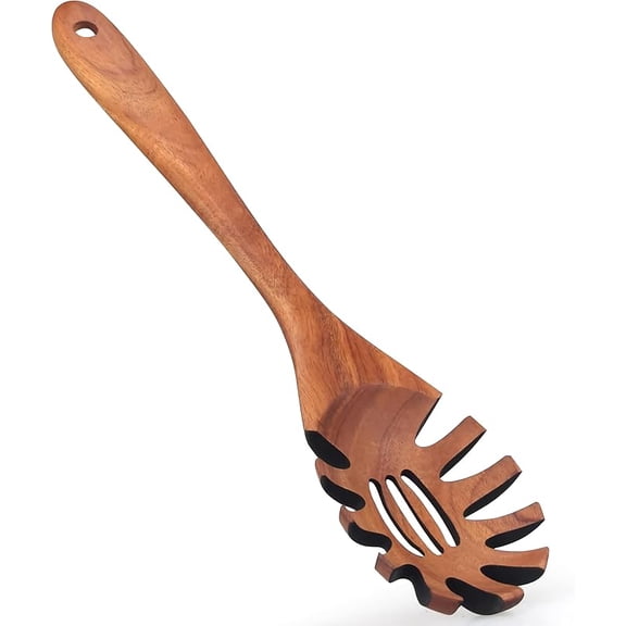 Wooden Pasta Server with Teeth, Slotted Spaghetti Spoon for Lifting, Draining, Mixing and Serving Pasta, Noodles and Spaghetti, Easy-Grip Handle, Nonstick Safe