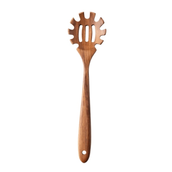 Wooden Pasta Spoon, Natural Teak Heat Resistant Non Scratch Slotted Spaghetti Fork, 1 Pack Durable Kitchen Utensil with Hanging Hole, for Serving Noodles Spaghetti Pasta Grains Home Daily Cooking Use