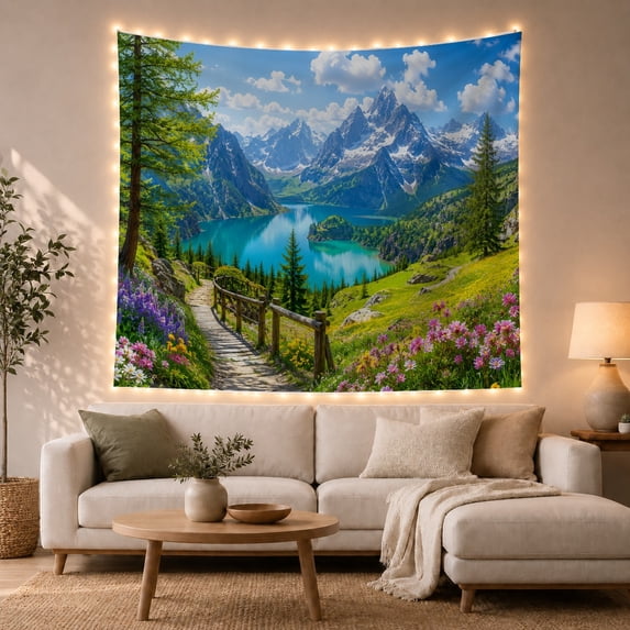 Wooden Path Above Turquoise Mountain Lake, Adventurous Rustic Style for Mountain Lovers, Landscape Wall Art, Housewarming Gift, Tapestry Wall Hanging for Bedroom and Living Room