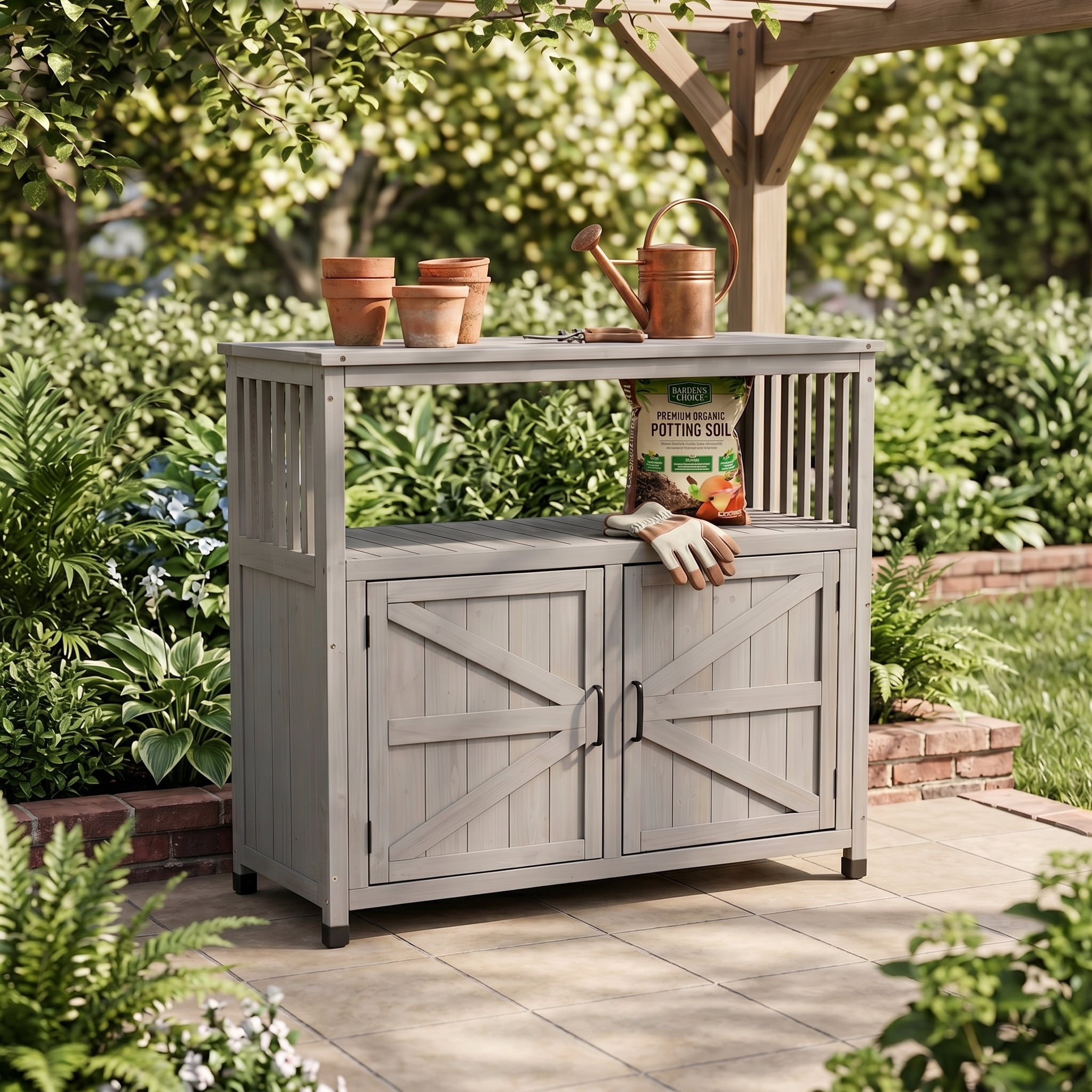 Wooden Patio Bar Set, Sideboard Storage Cabinet Combination Furniture for Indoor Outdoor Garden Backyard, Grey
