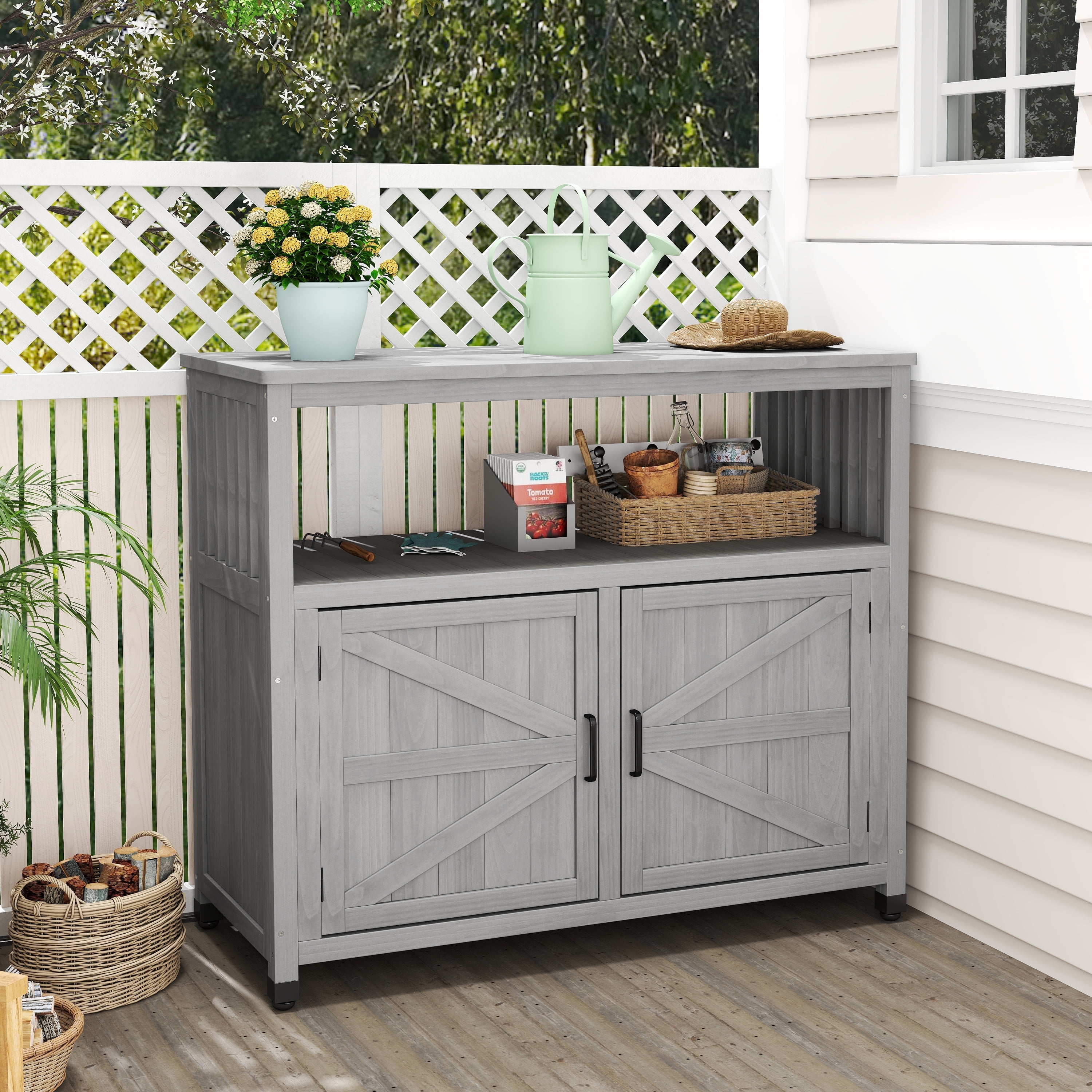 MEDERLO Wooden Patio Bar Table Set with Storage, Buffet Cabinet