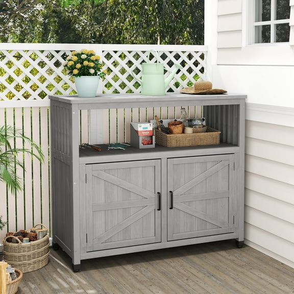 MEDERLO Wooden Patio Bar Table Set with Storage, Buffet Cabinet Sideboard for Outdoor and Indoor