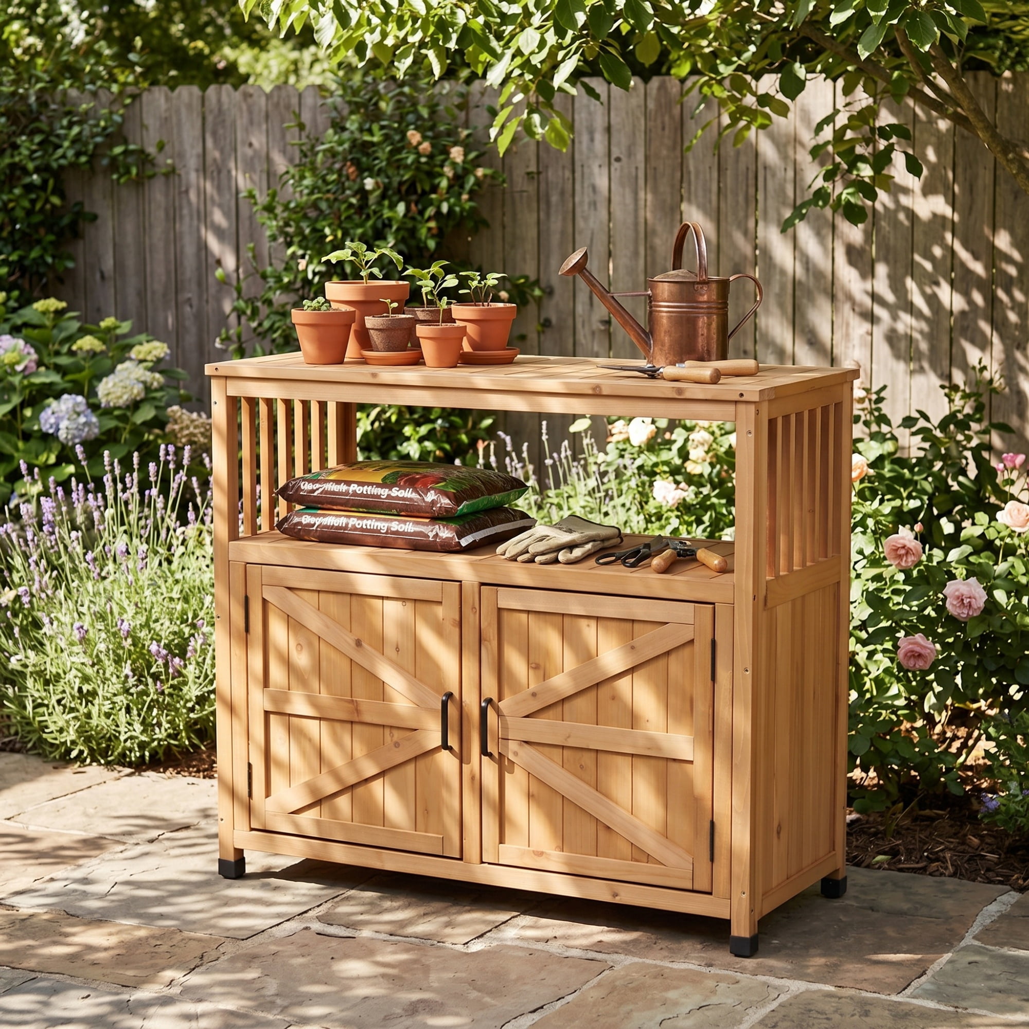 Wooden Patio Bar Table with Storage Cabinet, Outdoor Buffet Sideboard and Serving Station with Slatted Design, Light Brown